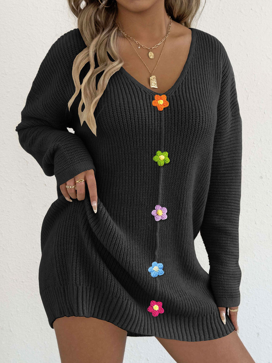 sweater dress featuring floral in Black with 100% polyester Care instructions: Machine wash cold texture