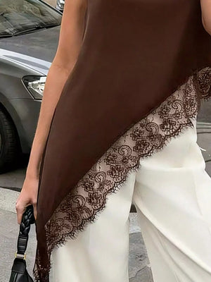 Polka Dot Lace Trim Asymmetrical Hem Sleeveless Blouse in Brown