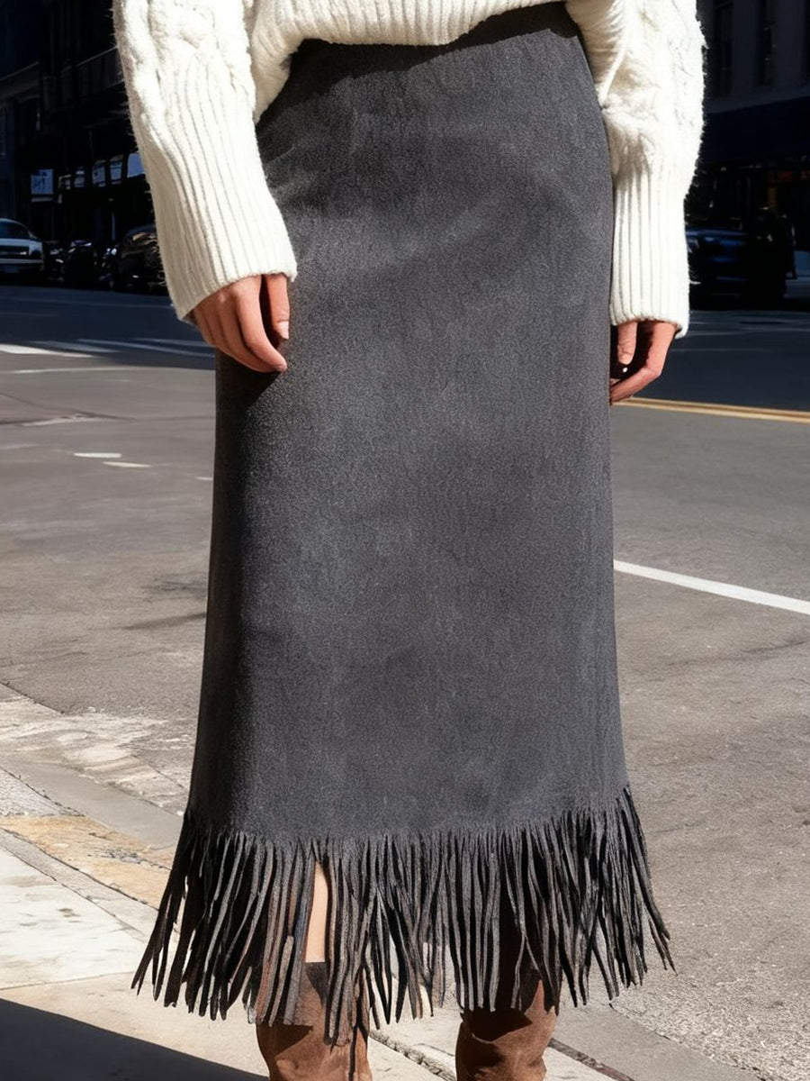 Slit High-Waisted Fringe Midi Skirt in Black