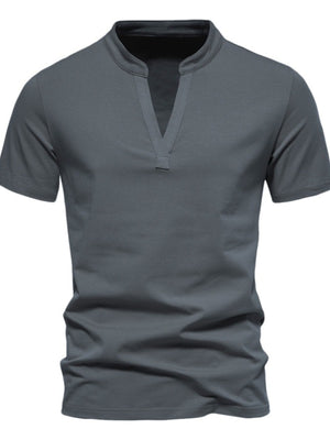 Men's dark gray short sleeve cotton t-shirt with a V-neck collar