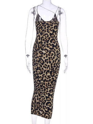 Leopard print midi dress with spaghetti straps and a bodycon fit.