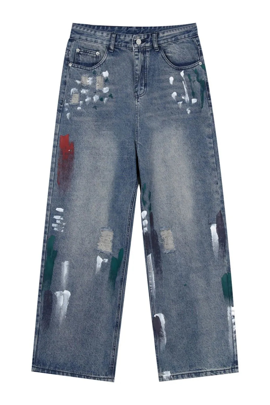 Medium wash baggy jeans with artistic paint splatters and distressed details.