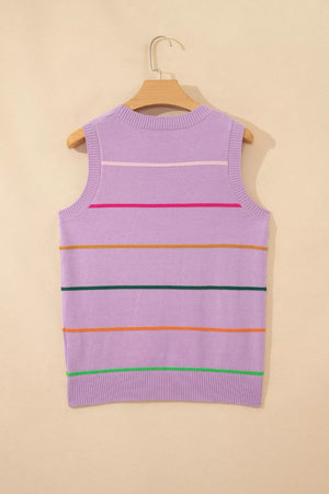 Lavender knit sweater vest with colorful horizontal stripes and crewneck.