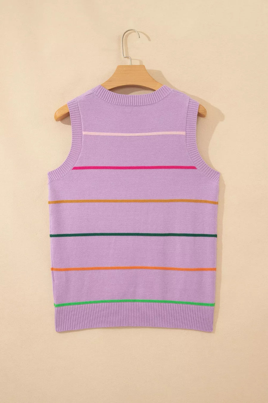 Lavender knit sweater vest with colorful horizontal stripes and crewneck.