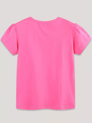 Pink t-shirt with short puff sleeves and crew neck