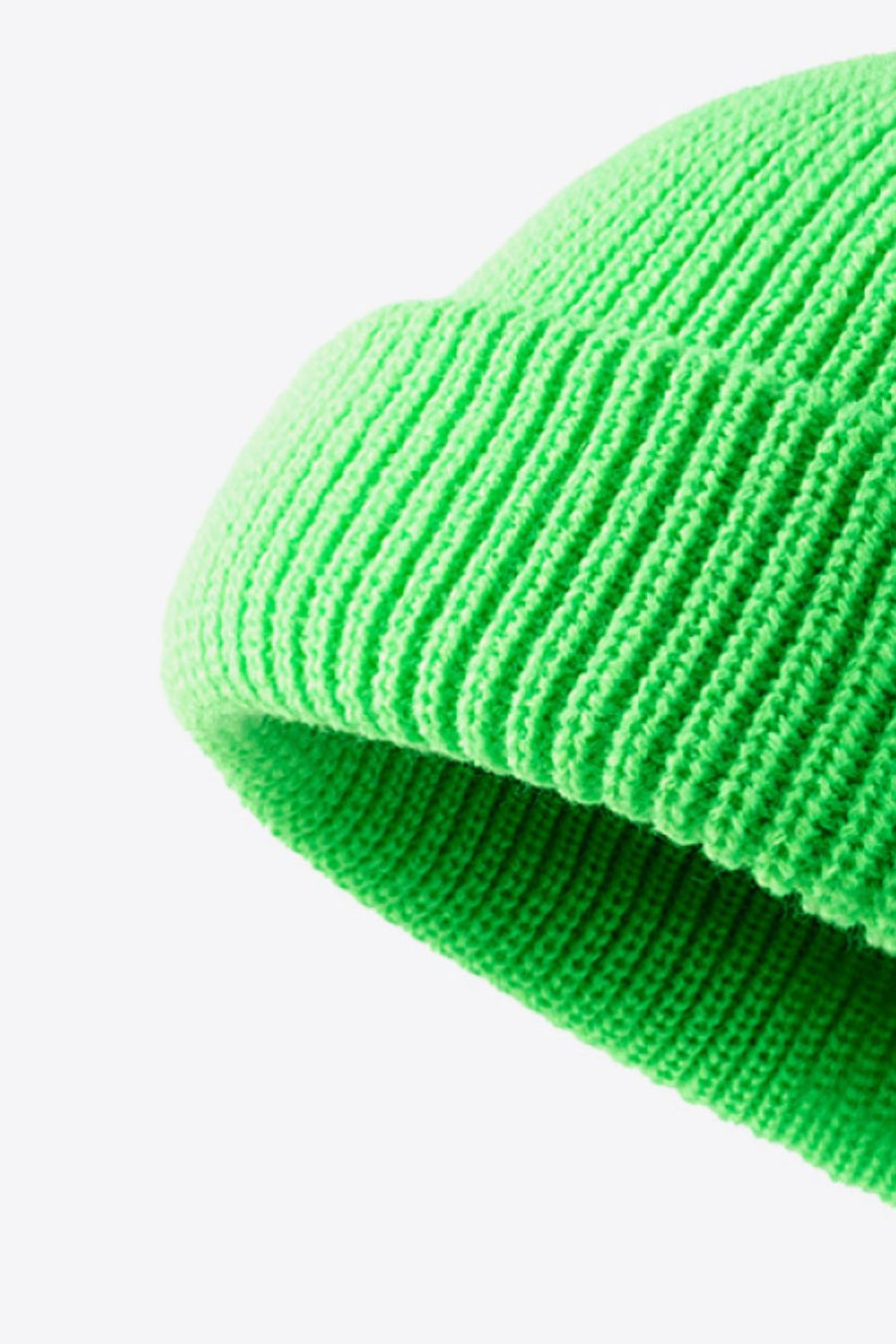 Green ribbed knit beanie with folded edge detail