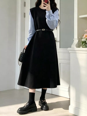 Contrast Sleeve A-line Dress With Belt option 3