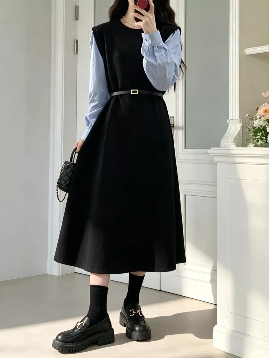 Contrast Sleeve A-line Dress With Belt option 3