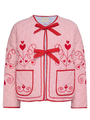 Deep Red seersucker jacket with heart embroidery and red bows.