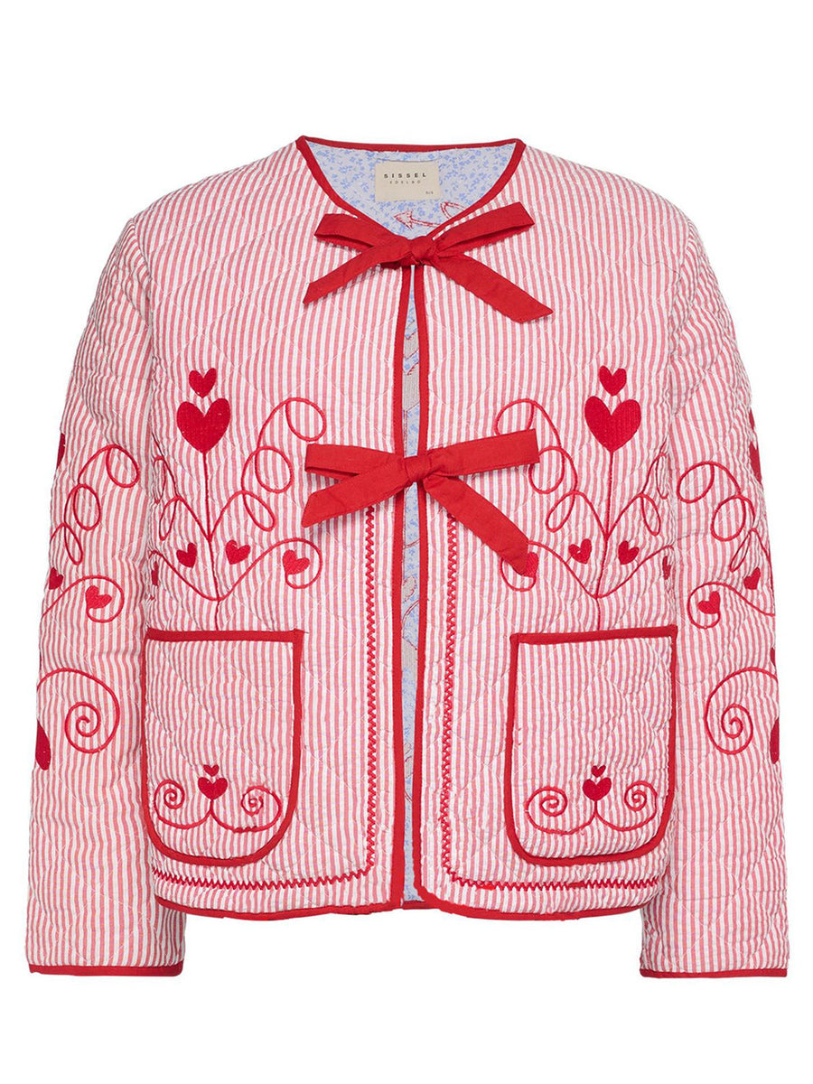 Deep Red seersucker jacket with heart embroidery and red bows.