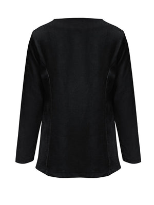 Black suede-effect open front blazer with long sleeves and a rounded neckline.