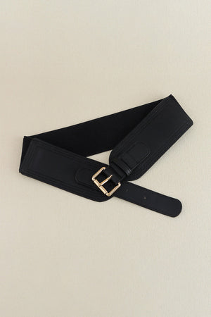 Black elasticated waist belt with faux leather front and gold buckle