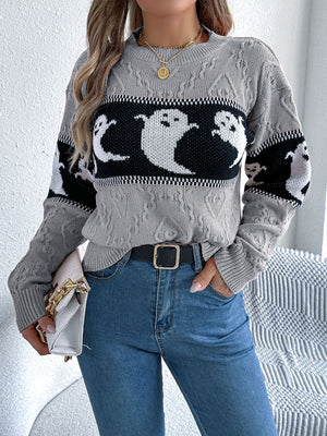 pullover sweater featuring ghost-print in black with 100% acrylic Care instructions: Machine wash cold texture