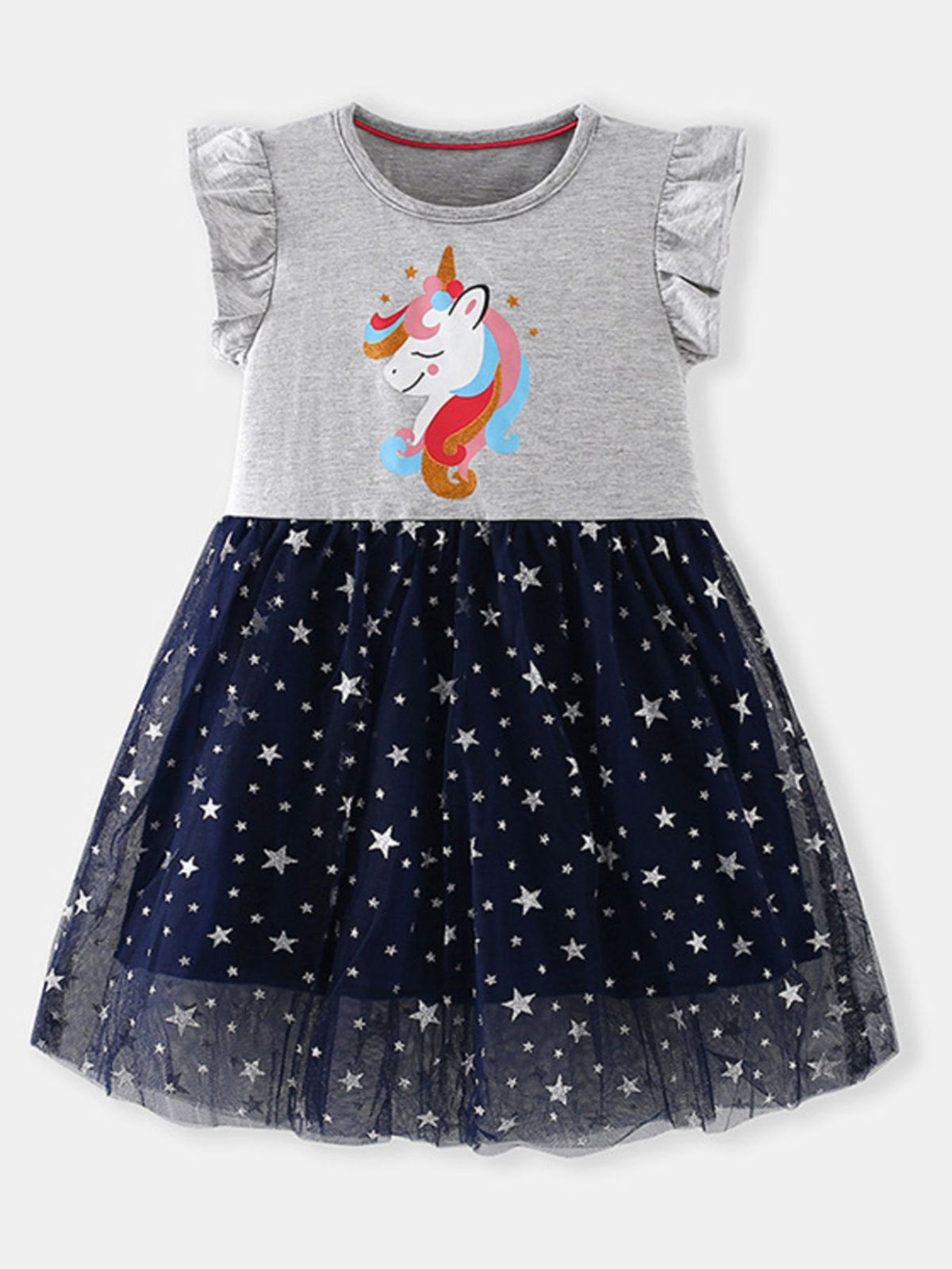 Baby girls' grey cotton dress with unicorn graphic and navy star tulle skirt.