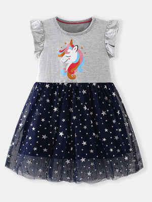 Baby girls' grey cotton dress with unicorn graphic and navy star tulle skirt.