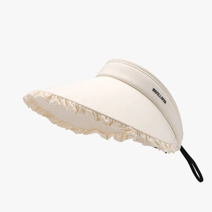 Ivory ruffled visor with adjustable drawcord and subtle logo detail