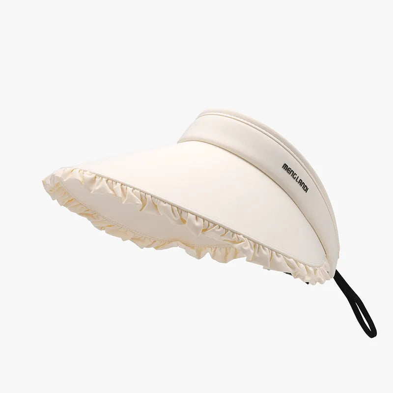Ivory ruffled visor with adjustable drawcord and subtle logo detail