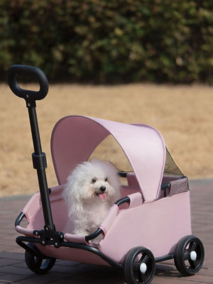 Pink foldable pet stroller with canopy and mesh windows, carrying a white dog.
