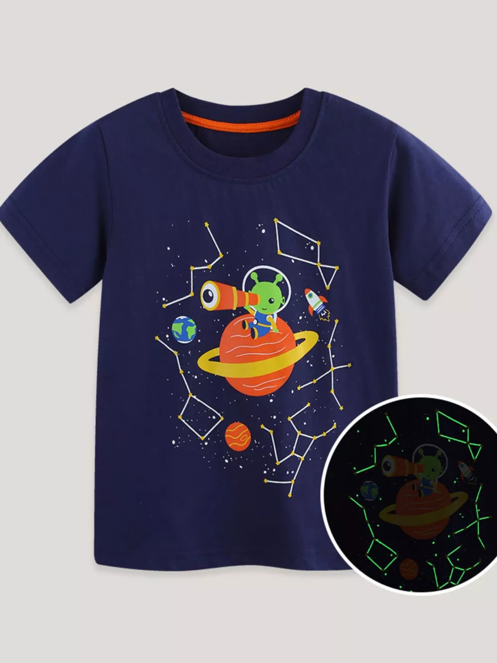 Navy cotton t-shirt with glow-in-the-dark alien and cosmic adventure graphic.
