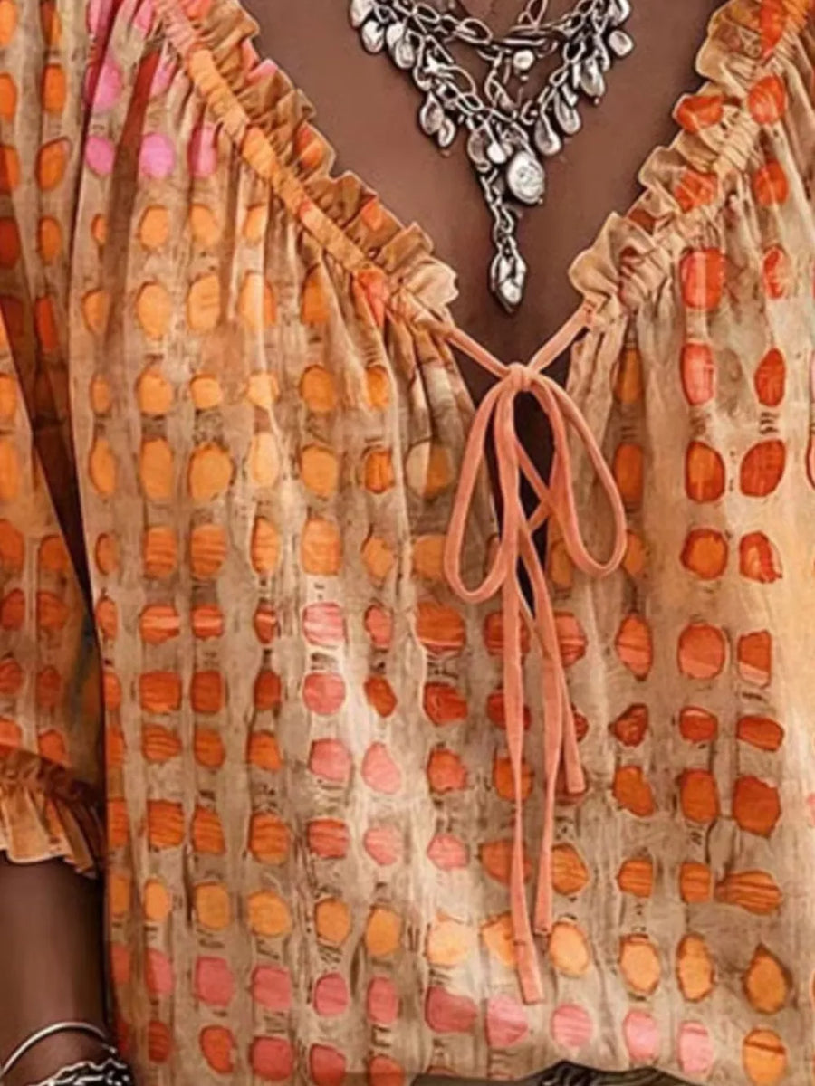 Full Size Tie Neck 3/4 Sleeve Blouse Plus Size in Sherbet, view 14