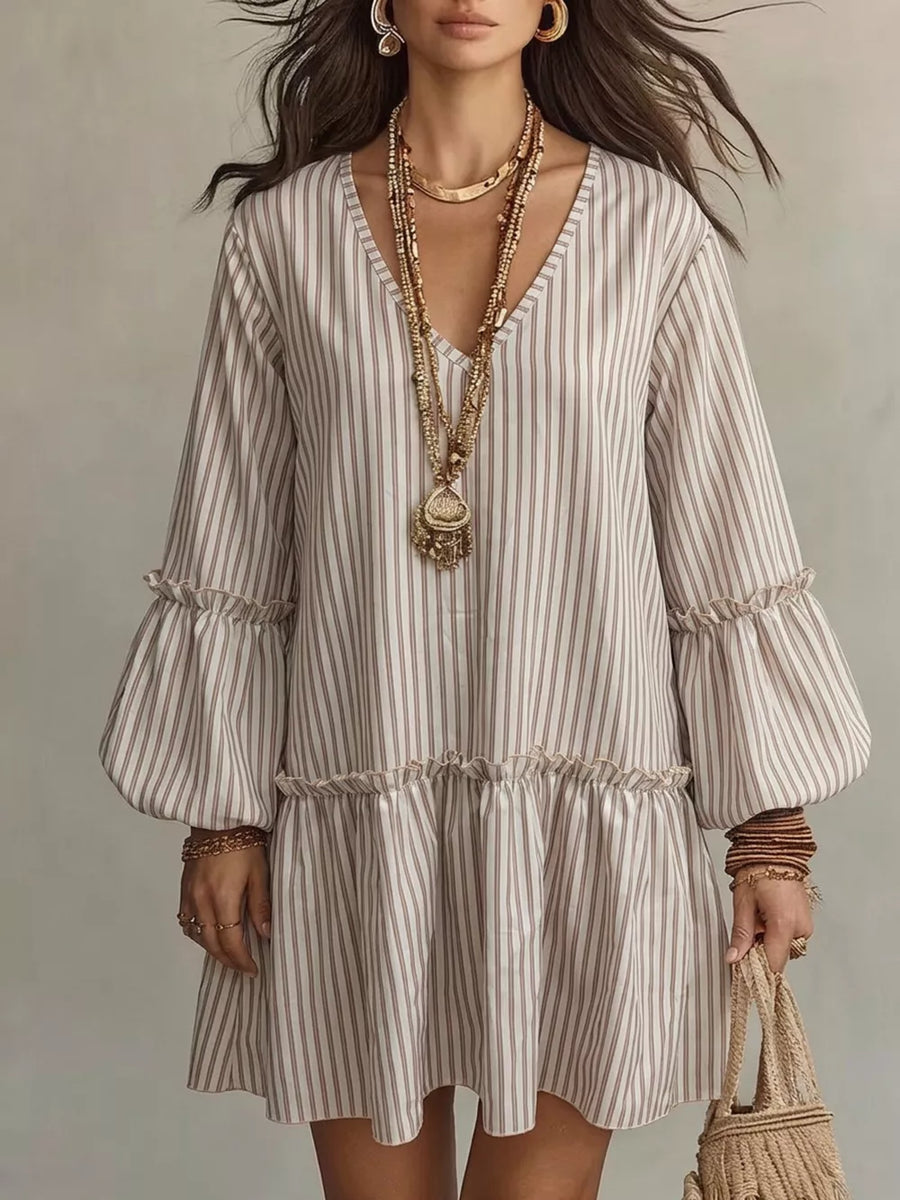 Striped Balloon Sleeve Mini Dress Plus Size in Light Yellow