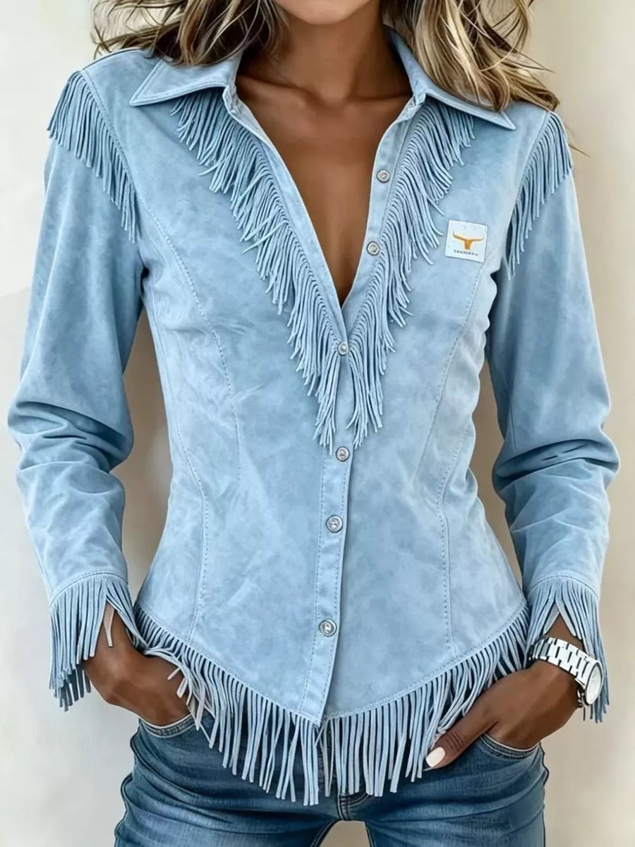 Black Full Size Fringed Collared Neck Shirt Plus Size