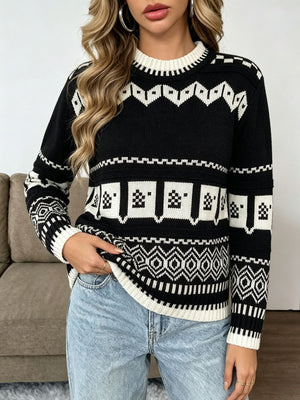 crewneck sweater featuring Fair Isle in Black with 100% polyester Care instructions: Machine wash cold texture