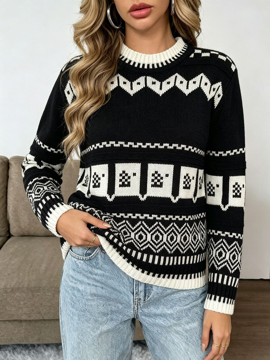 crewneck sweater featuring Fair Isle in Black with 100% polyester Care instructions: Machine wash cold texture