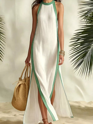 Full Size Slit Striped Sleeveless Maxi Dress in Green