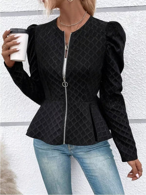 Black Puff Sleeve Textured Jacquard Jacket