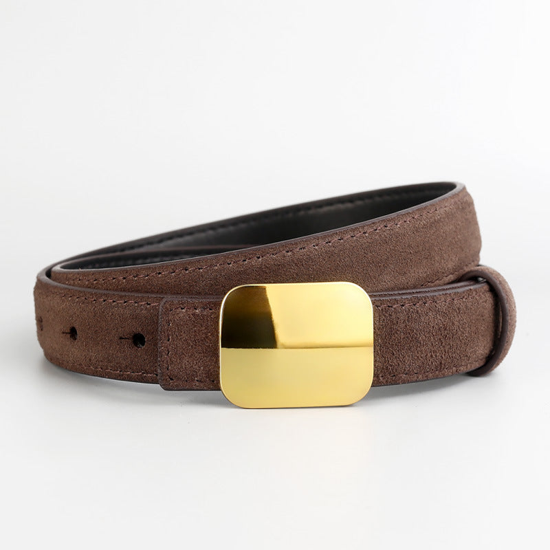 Brown suede leather belt with gold square buckle accent