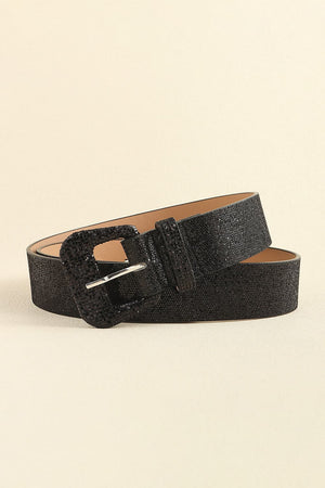 Black glitter belt with a square buckle and silver pin closure.