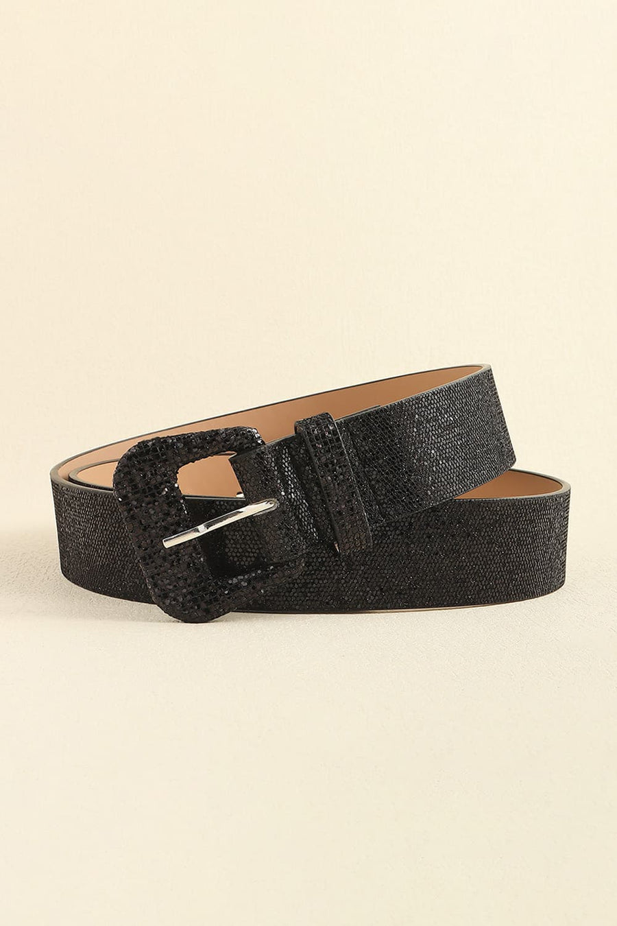 Black glitter belt with a square buckle and silver pin closure.