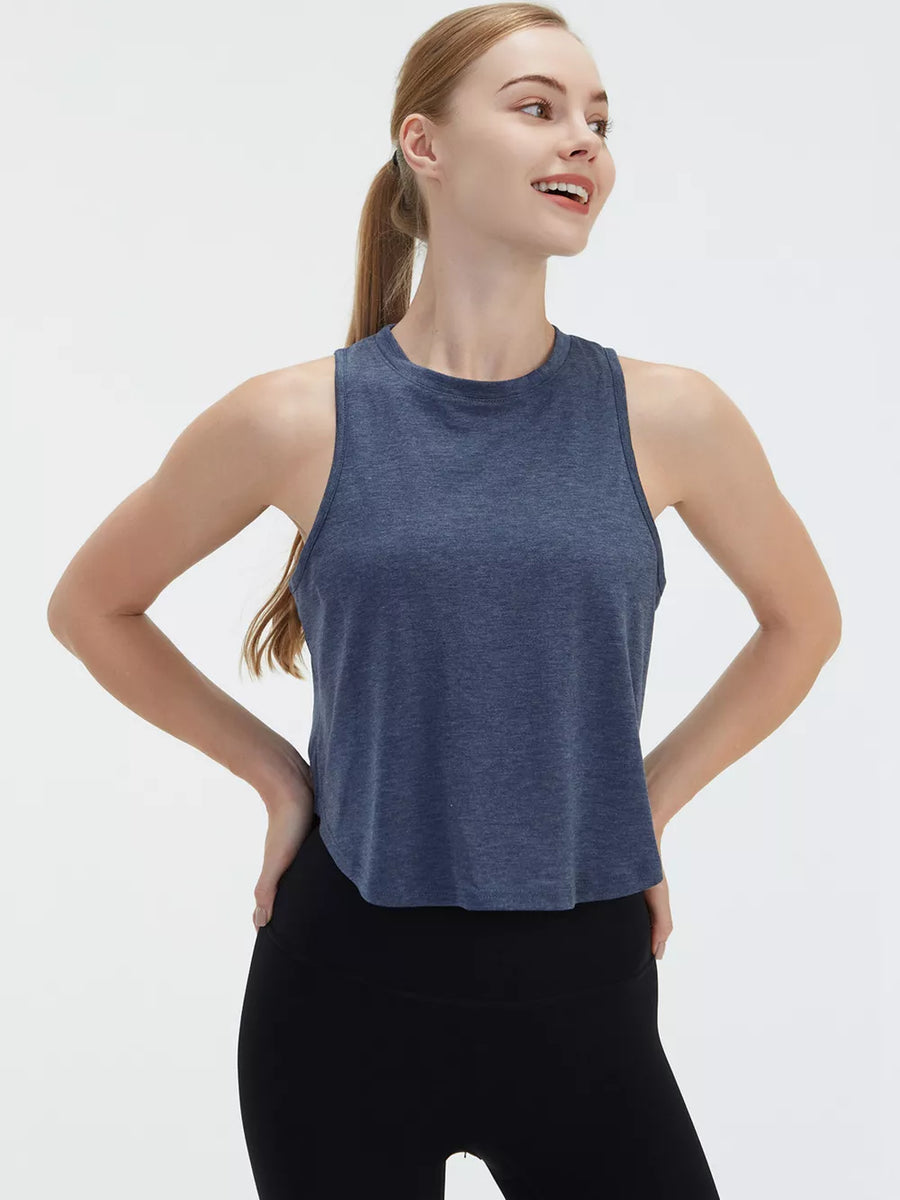 Blue heathered tank top with crew neck and racerback detail