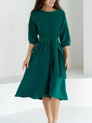 Blue Elegant Belted Waist Midi Dress