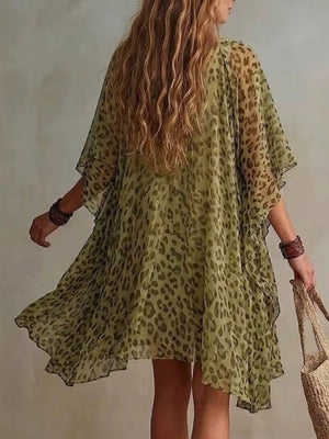 dark brown mini dress featuring sheer and leopard-print