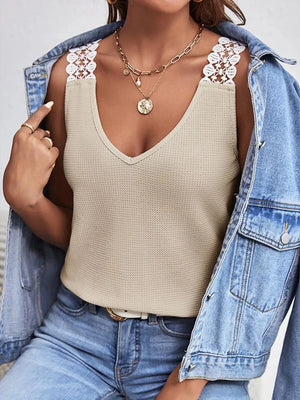 Lace Trim V-neck Tank Top in Beige