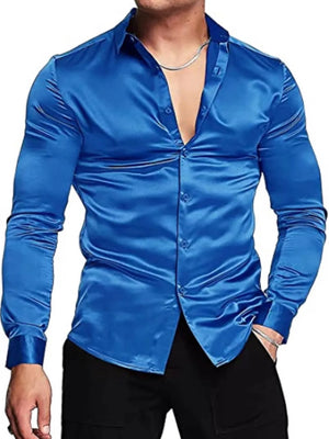 Blue satin finish slim fit button-down shirt with a deep V-neck and button closure.