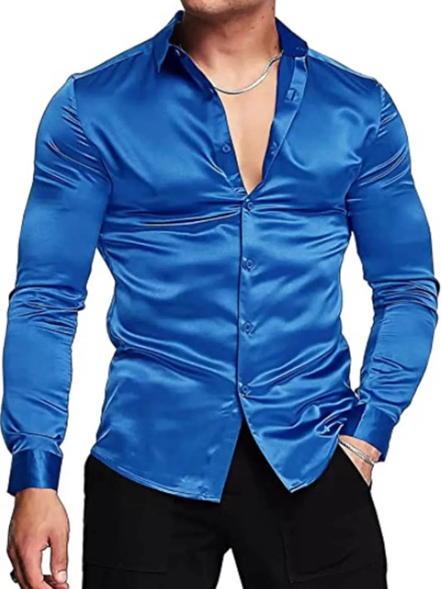 Blue satin finish slim fit button-down shirt with a deep V-neck and button closure.