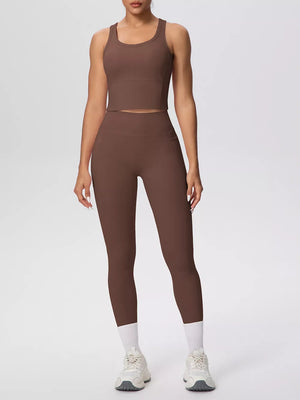 Scoop Neck Tank And High-waisted Leggings Set in Cream with pocketed