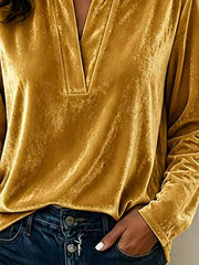 Full Size Velvet Notched Long Sleeve Blouse in Navy with plus-size