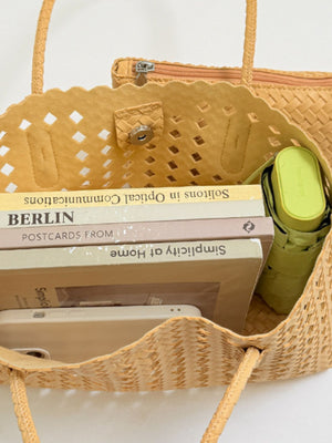 Woven Hollow-Out Medium Shoulder Bag in Yellow with woven design