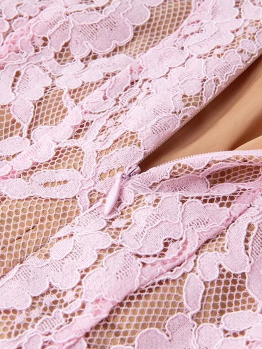 Pink lace midi dress with zipper detail and nude lining.