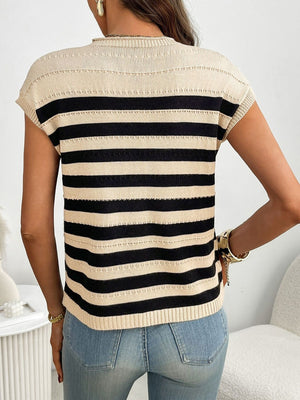 Striped knit sweater with short sleeves and a mock neck in black and khaki.