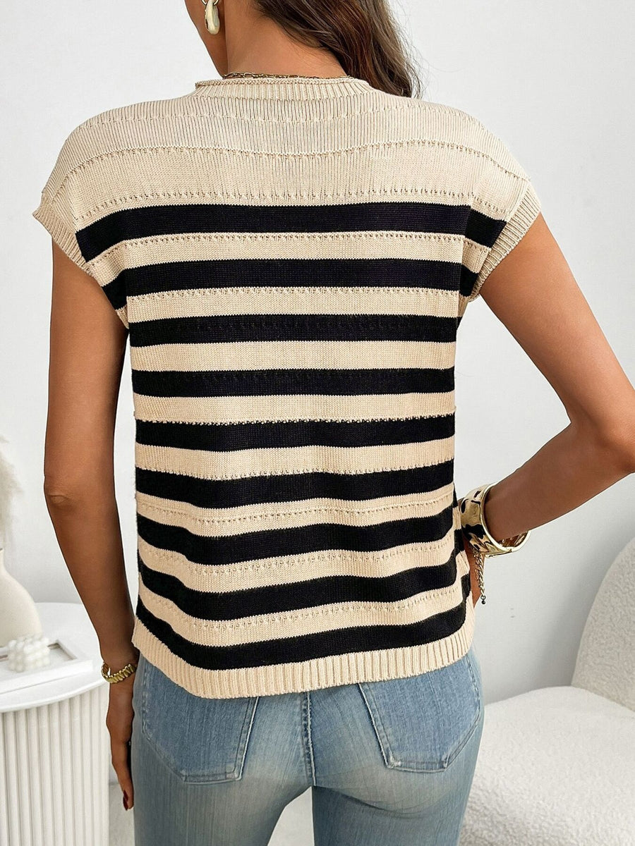 Striped knit sweater with short sleeves and a mock neck in black and khaki.