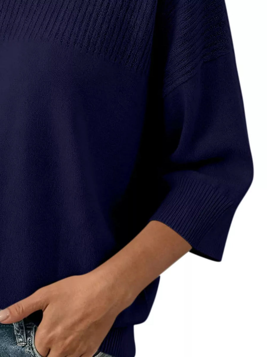 Elegant Crew Neck Eyelet Ribbed Sweater in Pink