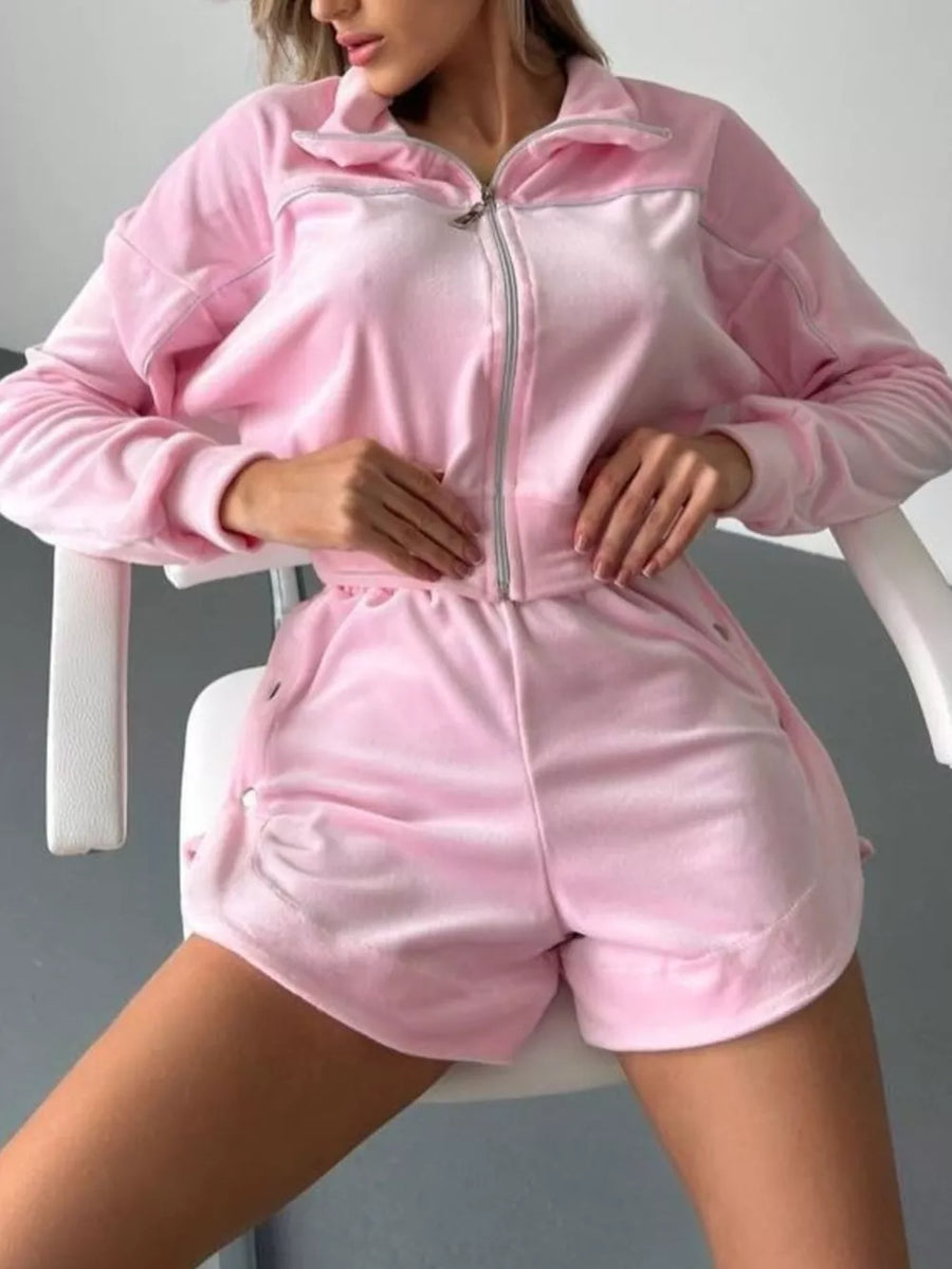 Zip-up Outerwear And Shorts Set in Purple with contrast stitching