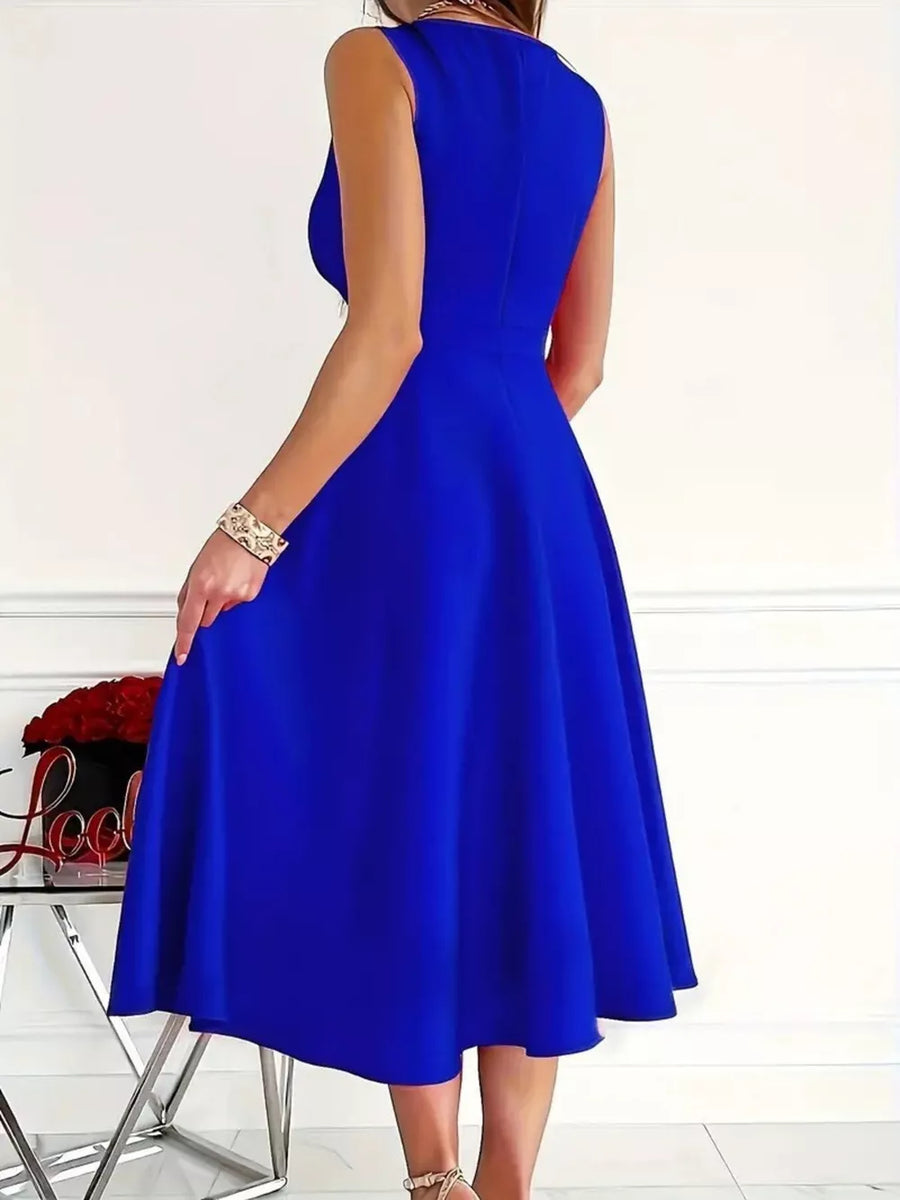 Blue A-line midi dress with a sleeveless design and flared skirt.