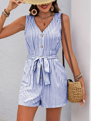 Button-front blue striped romper with v-neck, sleeveless, and tie waist.