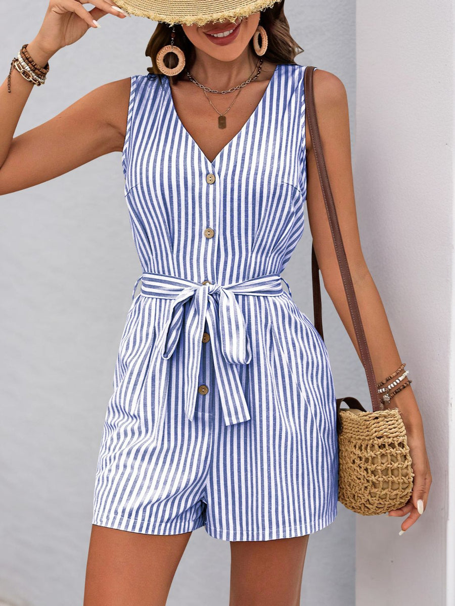 Button-front blue striped romper with v-neck, sleeveless, and tie waist.